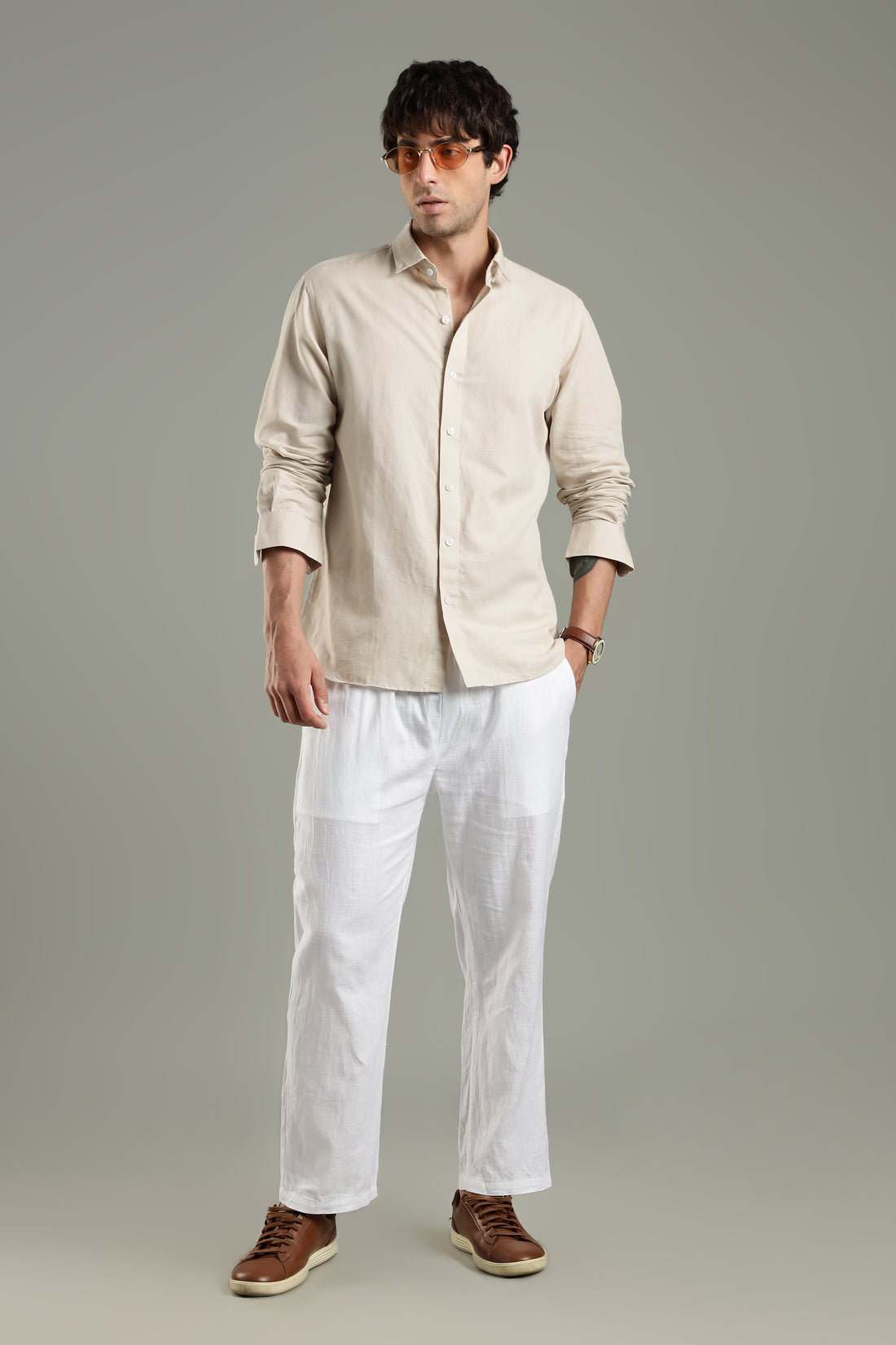 Milanio's Cotton Linen Relaxed Fit Cord Set Beige & White