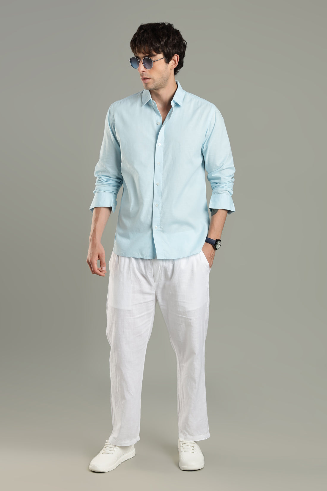 Milanio's Cotton Linen Relaxed Fit Cord Set Sky Blue & White