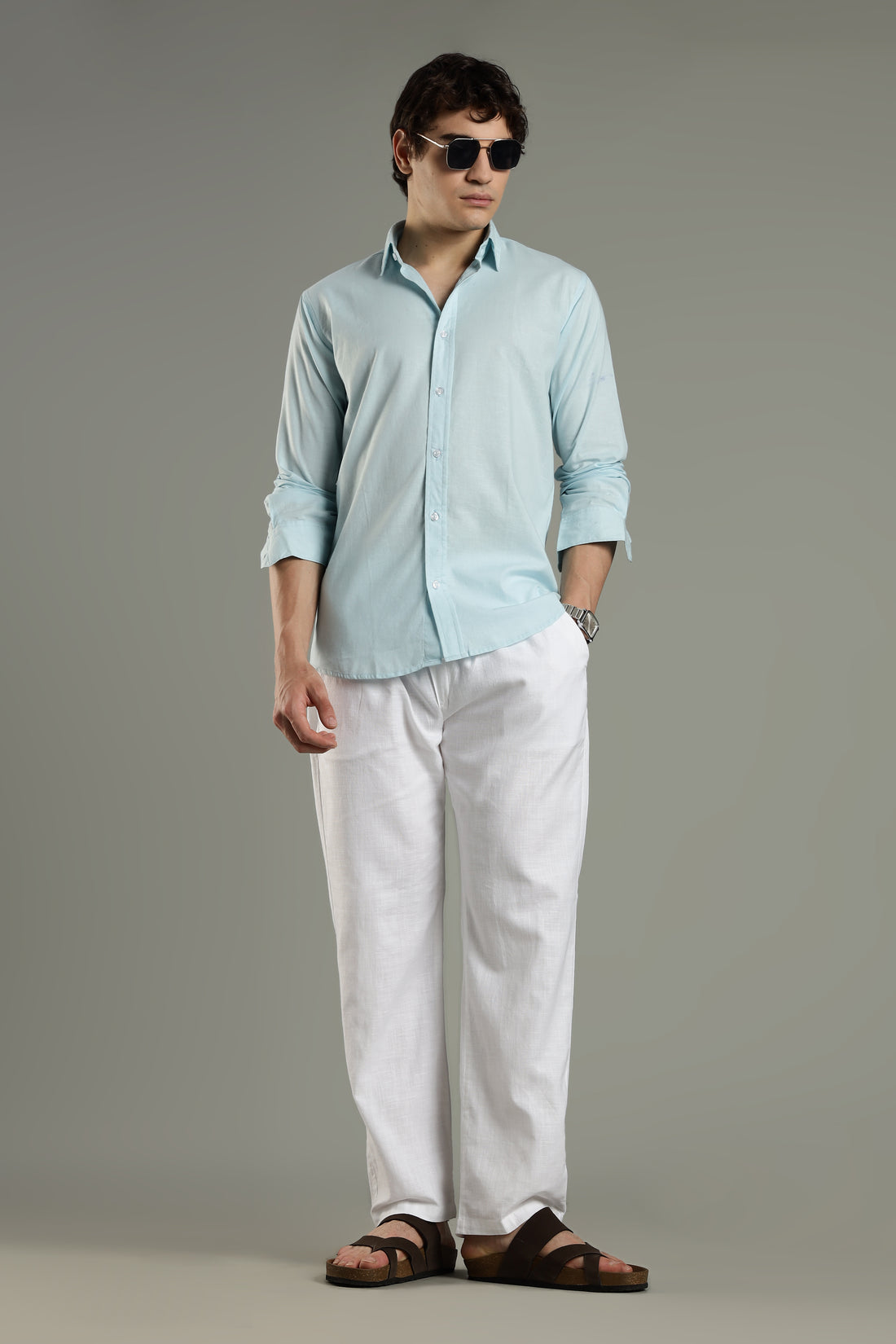 Milanio's Cotton Linen Relaxed Fit Cord Set Sky Blue & White