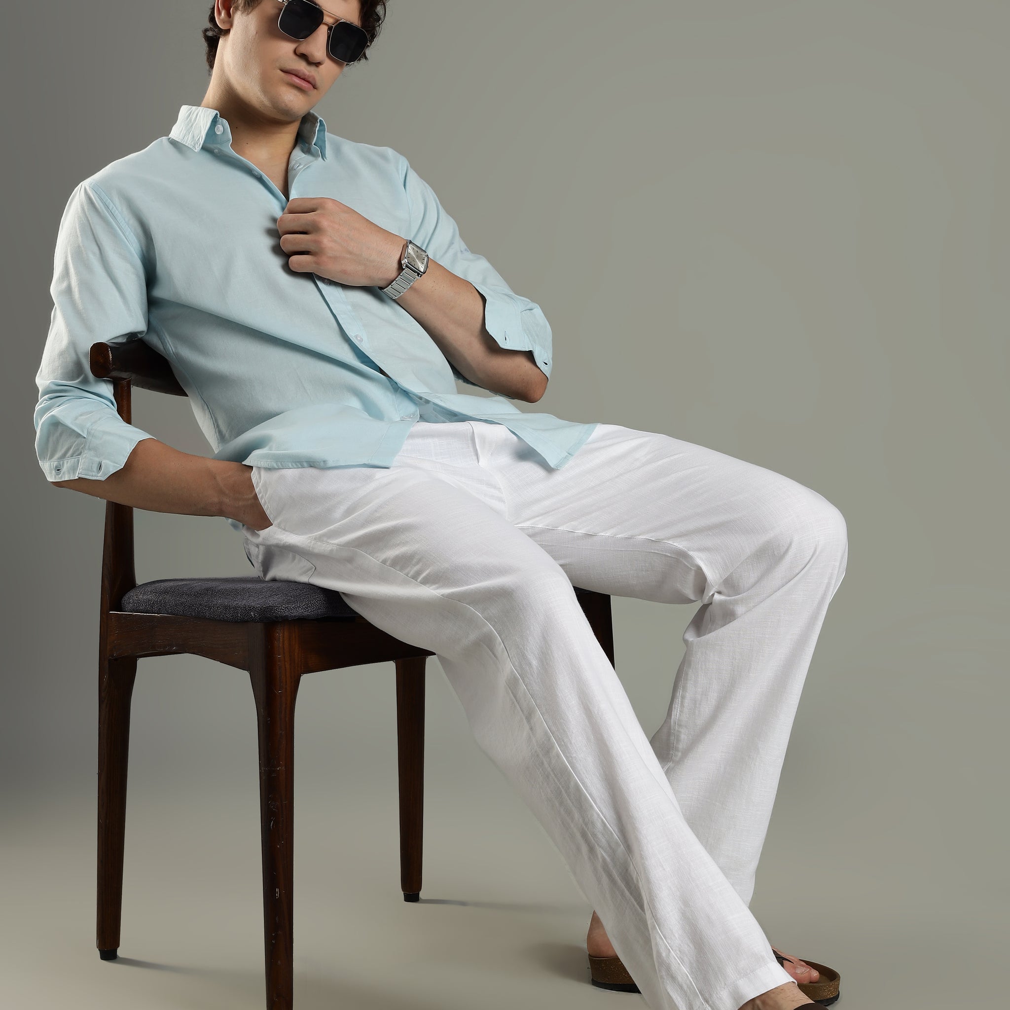 Milanio's Cotton Linen Relaxed Fit Cord Set Sky Blue & White