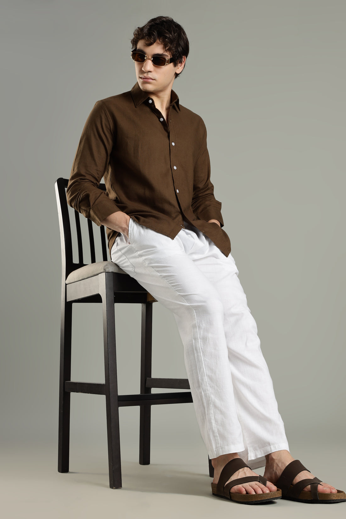 Milanio's Cotton Linen Relaxed Fit Cord Set Brown & White