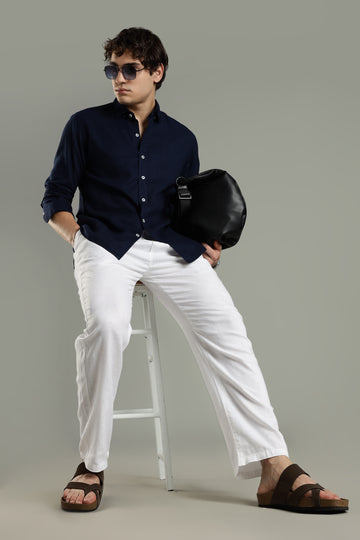 Milanio's Cotton Linen Relaxed Fit Cord Set Navy Blue & White