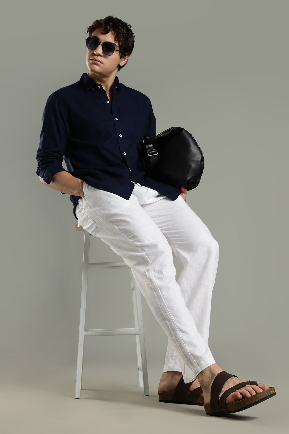 Milanio's Cotton Linen Relaxed Fit Cord Set Navy Blue & White