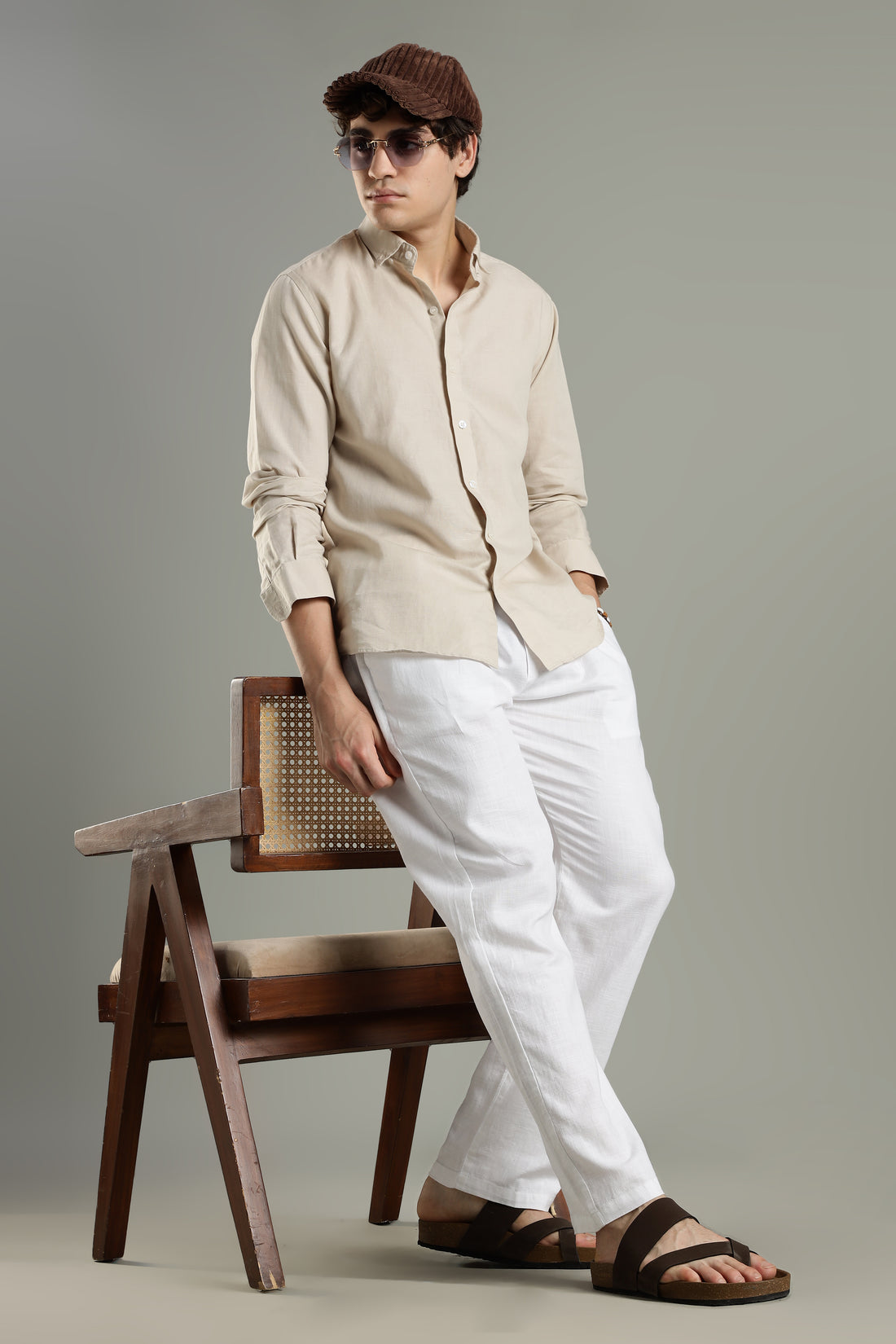 Milanio's Cotton Linen Relaxed Fit Cord Set Beige & White