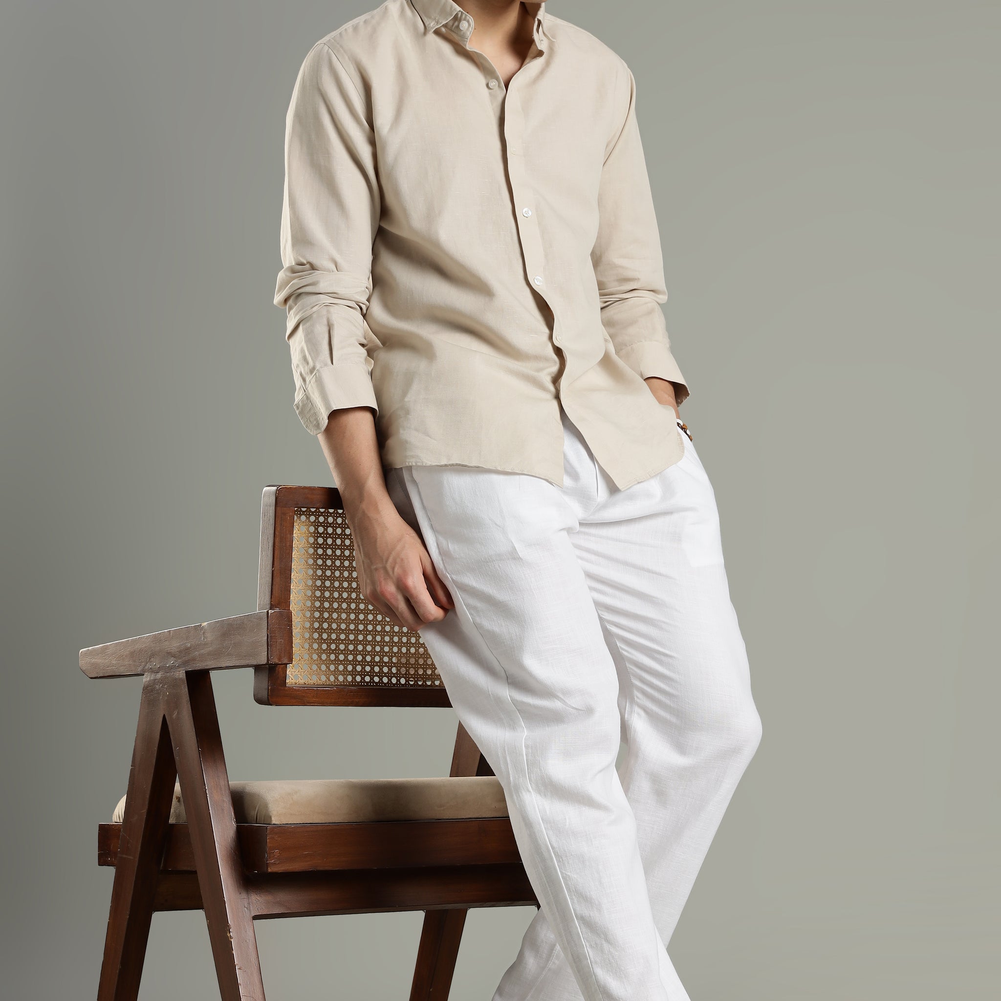 Milanio's Cotton Linen Relaxed Fit Cord Set Beige & White