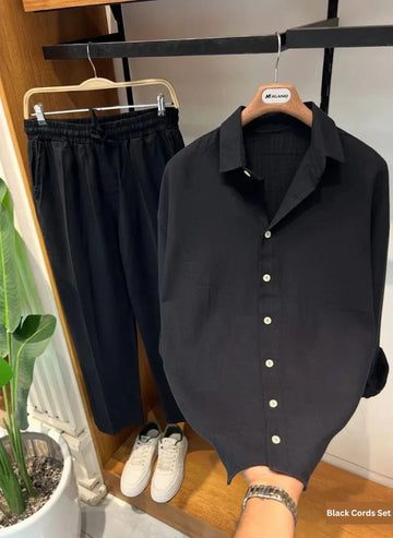 Linen Relaxed Fit Top & Bottom Set Black
