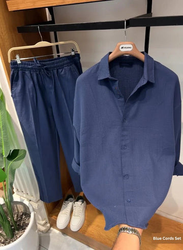 Linen Relaxed Fit Top & Bottom Set Blue