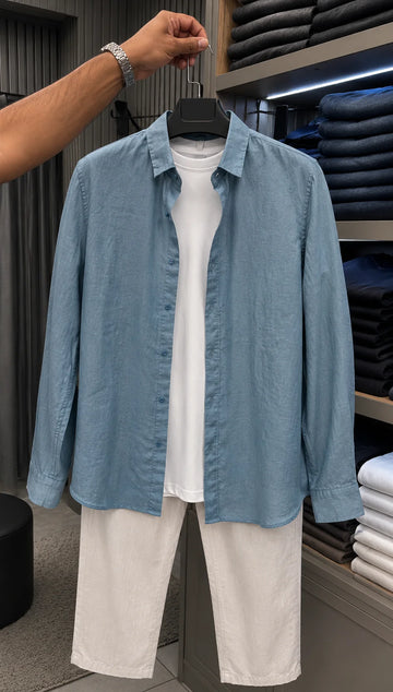 Milanio Signature Linen Top & Bottom Set - Jade Blue & White