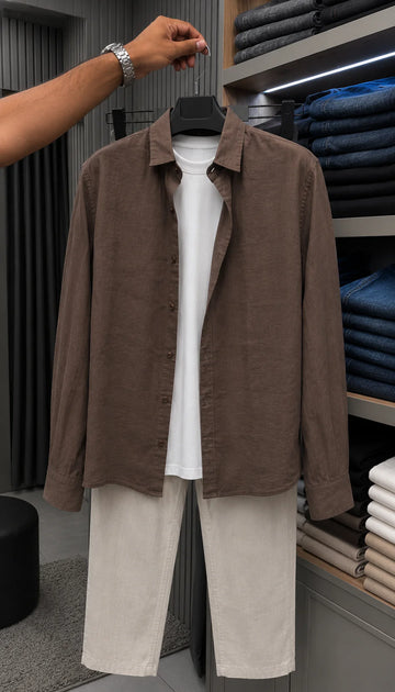 Milanio Signature Linen Top & Bottom Set - Brown & White