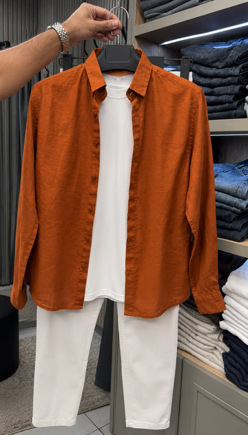 Milanio Signature Linen Top & Bottom Set - Orange & White