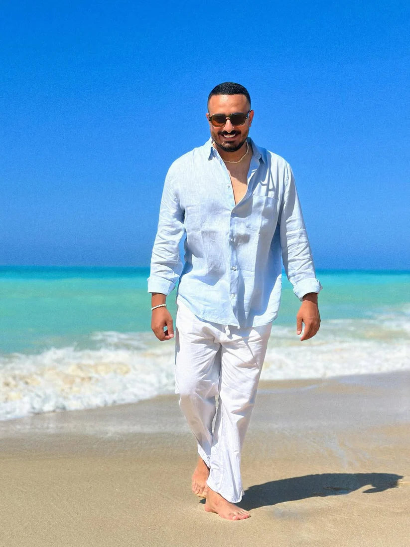 Milanio Pure Cotton-Linen Set Skyblue & White