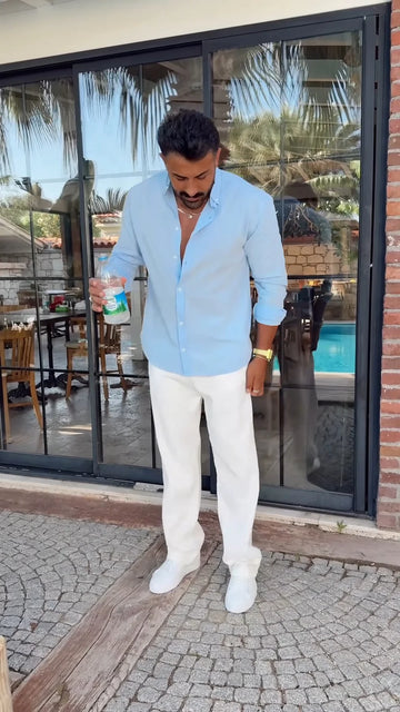 Linen Luxury Top & Bottom Set Sky & White