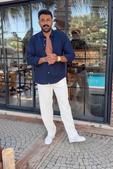 Linen Luxury Top & Bottom Set Blue & White